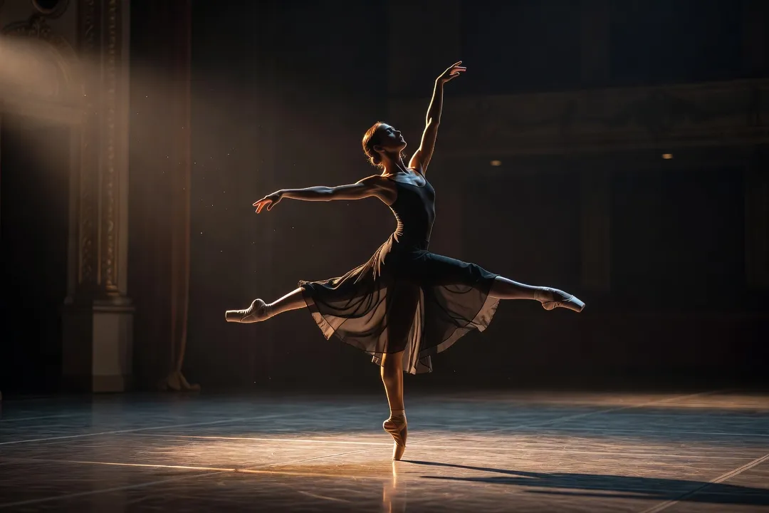 Silhouette d'une danseuse classique en pleine répétition sur une scène de théâtre parisien