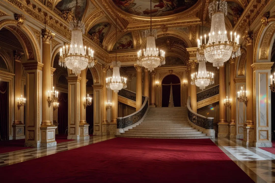 Foyer doré et lustres d'un théâtre parisien évoquant l'atmosphère des soirées de ballet