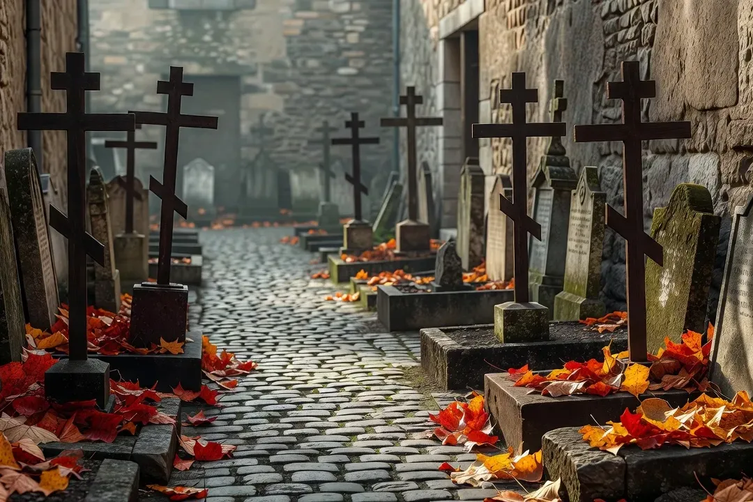 Allée du cimetière de Sainte-Geneviève-des-Bois avec croix orthodoxes russes traditionnelles à l'automne