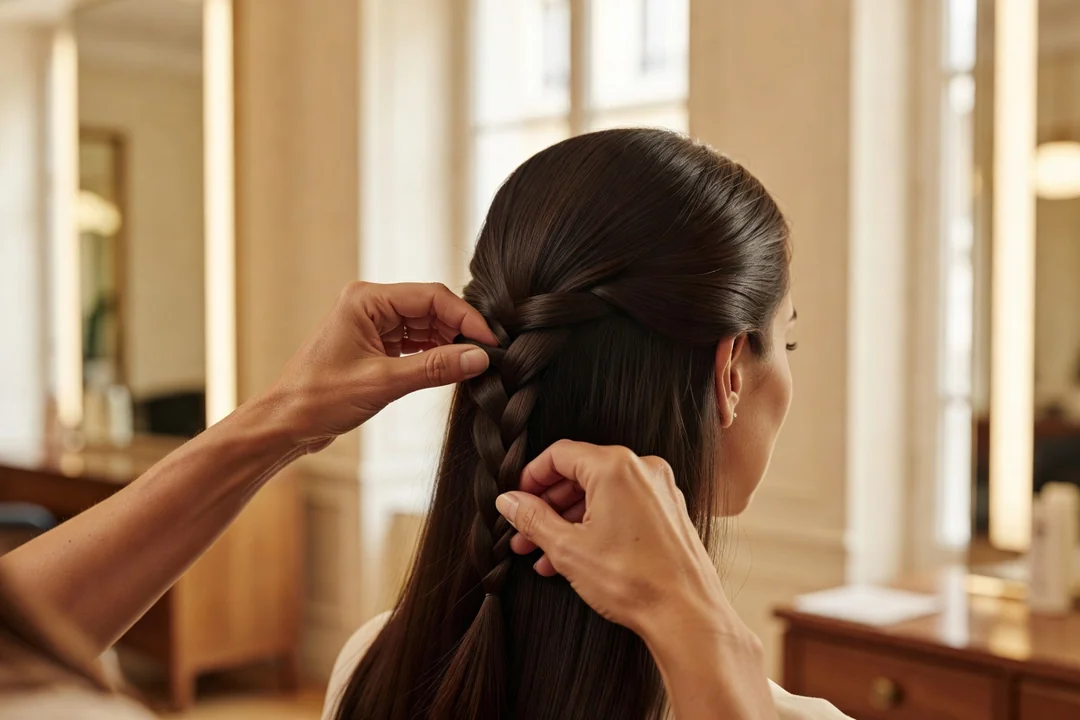 Mains de coiffeuse tressant une longue chevelure sombre dans un salon lumineux du quartier latin