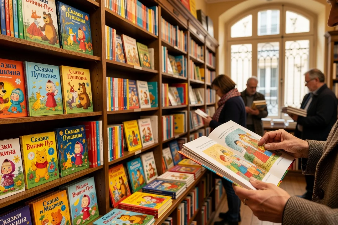 Étagère de librairie remplie d'albums illustrés en russe pour enfants, couvertures colorées