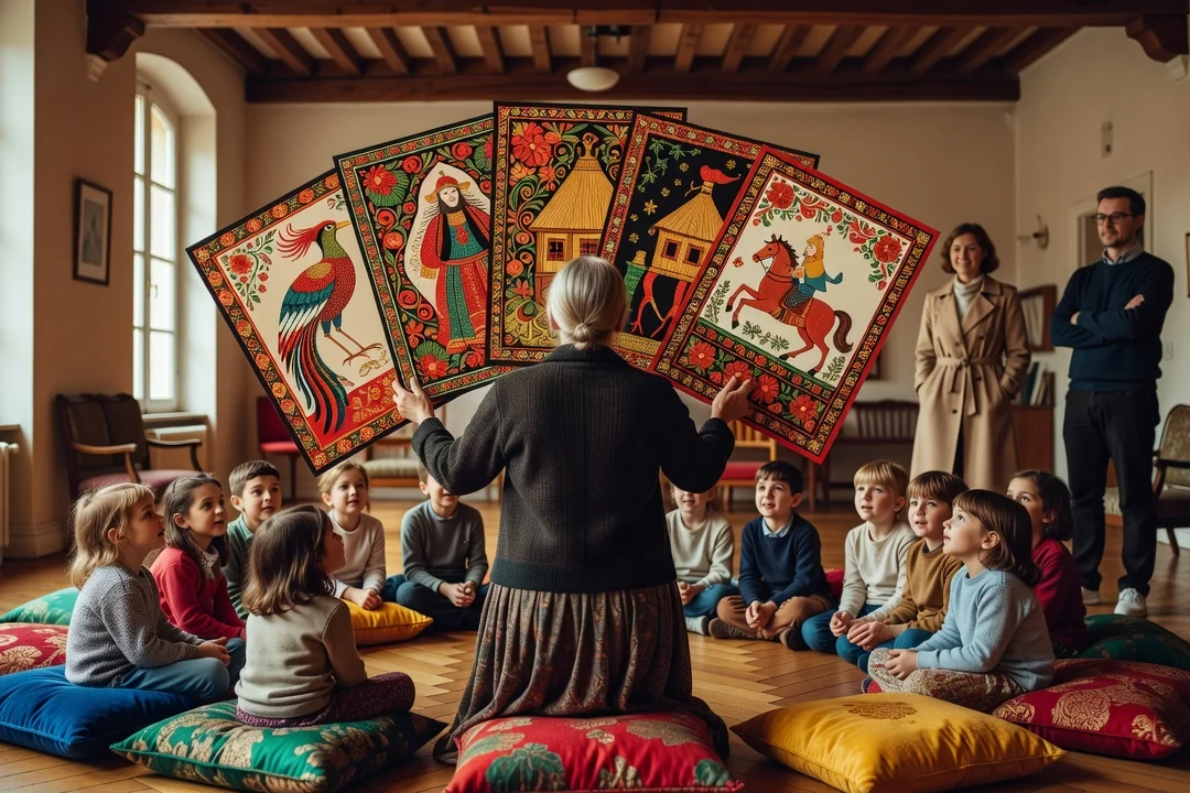 Enfants assis en cercle écoutant une conteuse présentant de grandes cartes illustrées aux motifs folkloriques russes