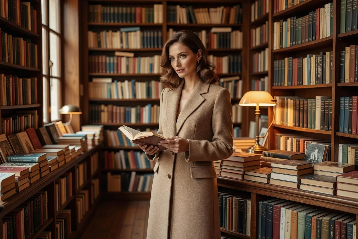 Une femme en manteau camel feuillette un livre ouvert entre des étagères de bois remplies d'ouvrages dans une librairie, sous la lumière chaude d'une lampe