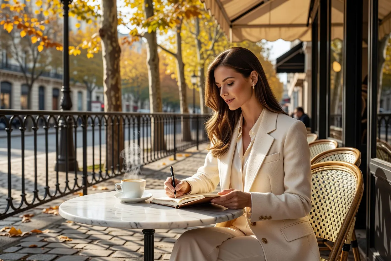 Une femme en blazer crème écrit dans un carnet à une table de café parisien, une tasse fumante à côté d'elle, sous des platanes aux feuilles d'automne