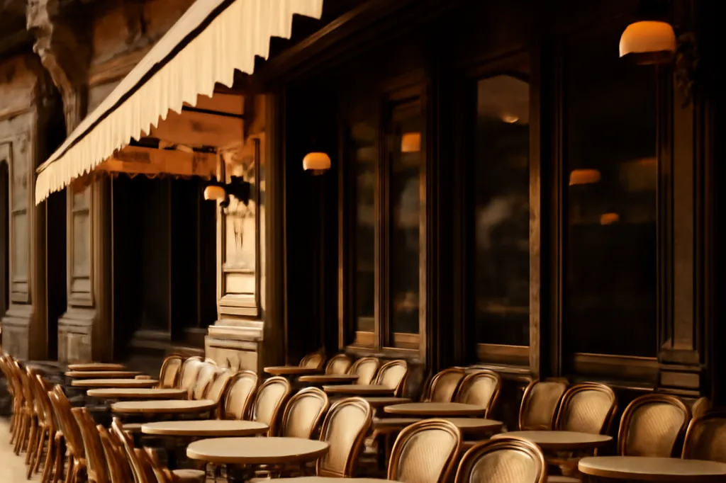 Terrasse d'un café parisien historique évoquant l'ambiance littéraire de l'entre-deux-guerres
