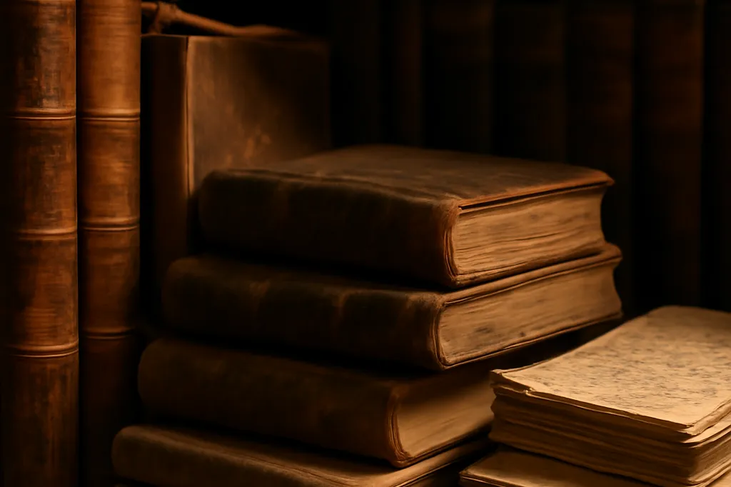 Vieux livres et carnets manuscrits en russe empilés sur une étagère de bibliothèque