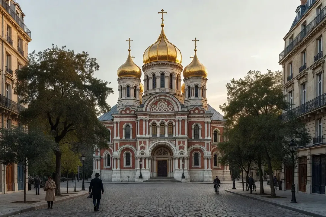 Intérieur d'une église orthodoxe russe parisienne, iconostase et icônes dorées