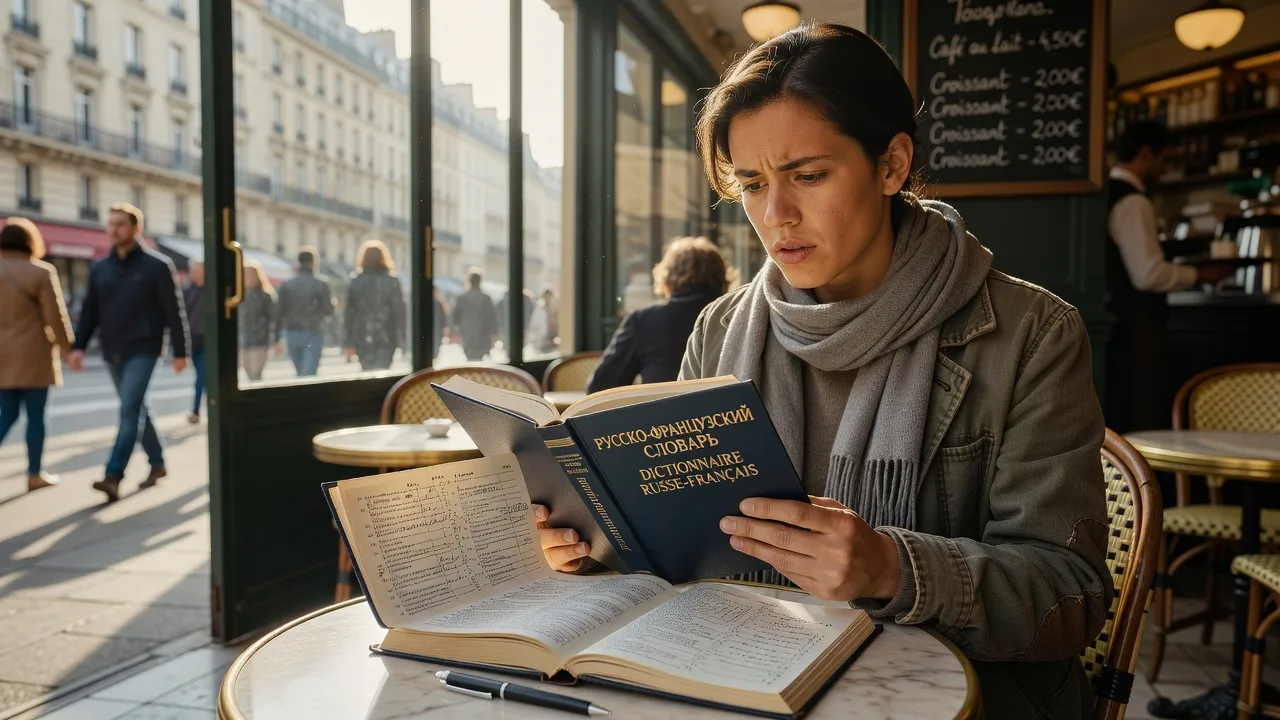 Dictionnaire russe-français ouvert avec stylo, cahier d'apprentissage et chocolats Mishka