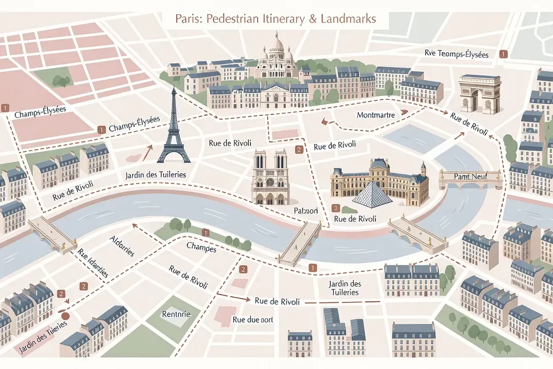 Carte stylisée d'un itinéraire pédestre à travers Paris avec points d'intérêt marqués, style guide de voyage moderne