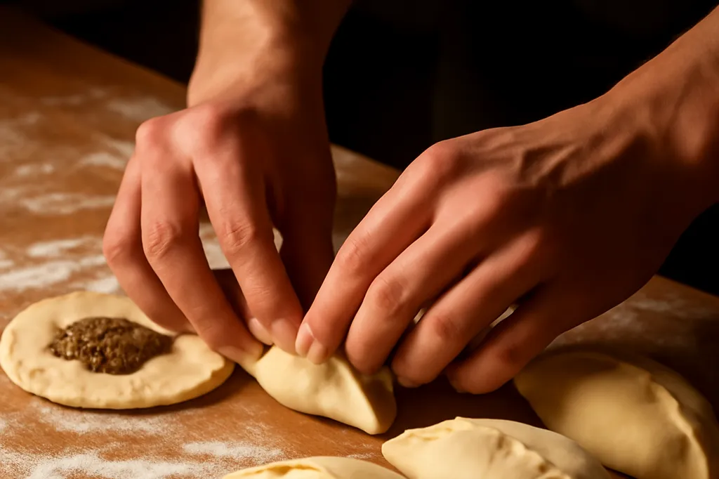 Mains façonnant des pirojki farcis sur un plan de travail en bois