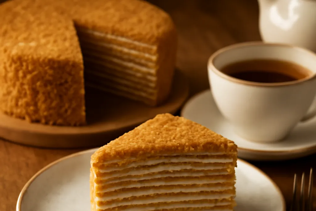 Gâteau medovik à étages coupé en part, servi avec du thé