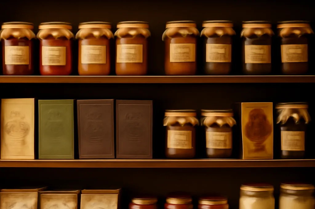 Etagère d'épicerie fine avec bocaux de conserves et thés russes étiquetés