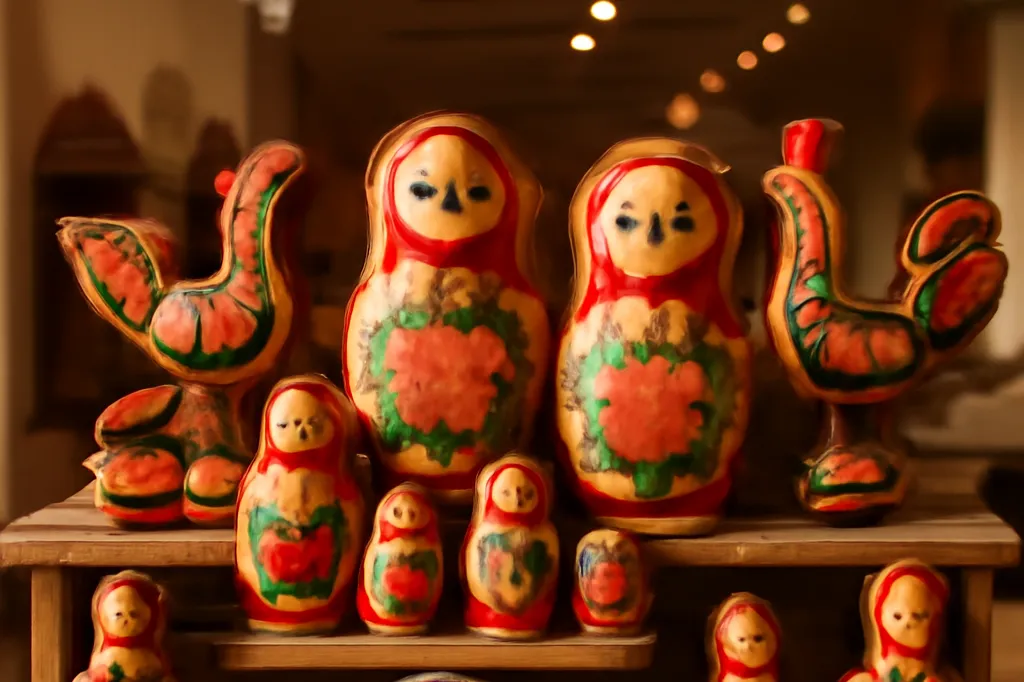 Matriochkas peintes à la main et objets d'artisanat russe présentés sur un présentoir en bois