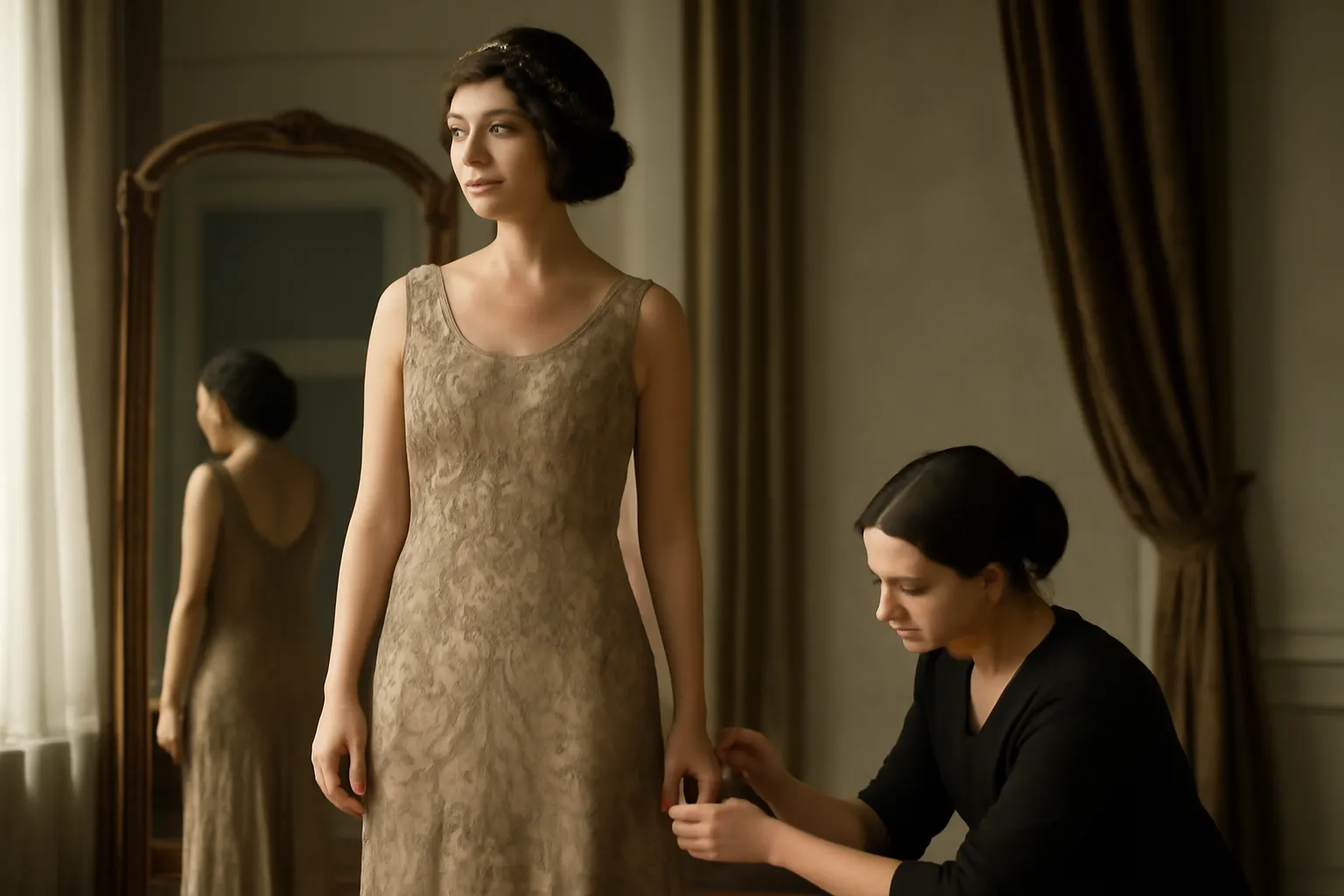 Un mannequin en robe de soirée brodée de style années 1920 pose devant un grand miroir pendant qu'une couturière ajuste l'ourlet