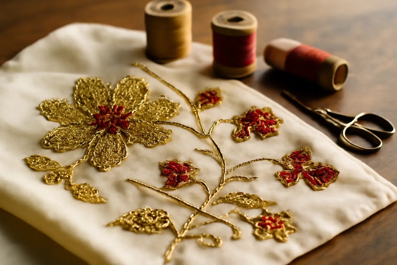 Broderie de fleurs en fil d'or et de perles rouges sur soie crème, avec des bobines de fil et de petits ciseaux sur une table en bois