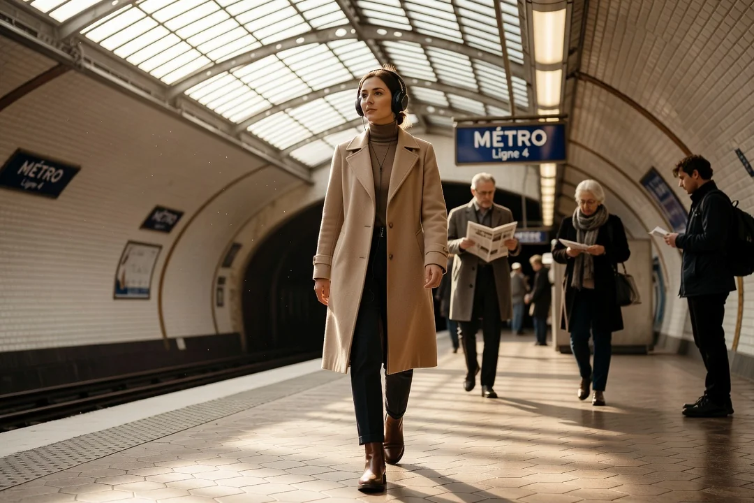 Passante avec des écouteurs marchant sur un quai de métro parisien, ambiance lumineuse