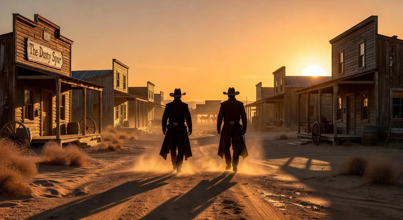 Scène de western, silhouettes au coucher du soleil