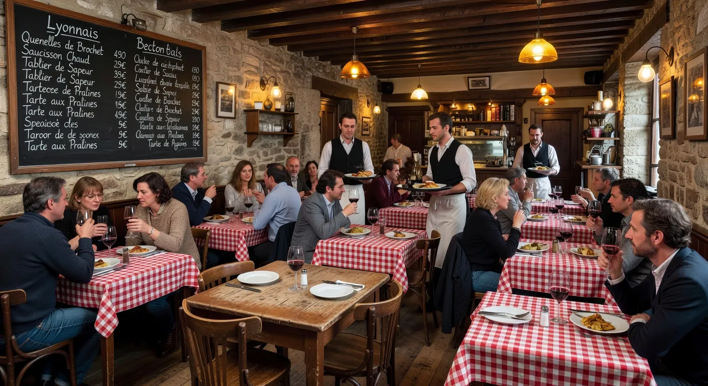 Intérieur de bouchon lyonnais, nappes à carreaux