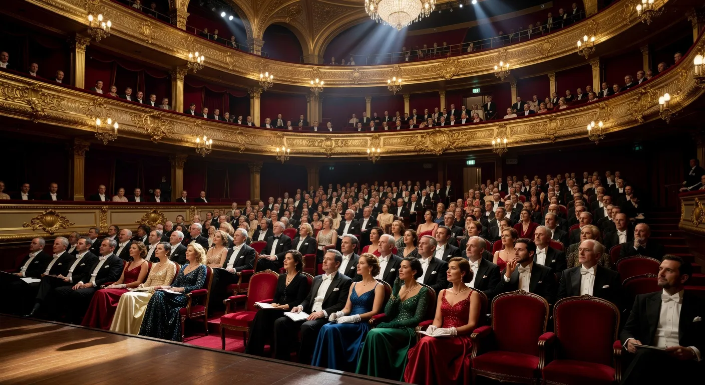 Public dans un théâtre parisien élégant, vue depuis la scène