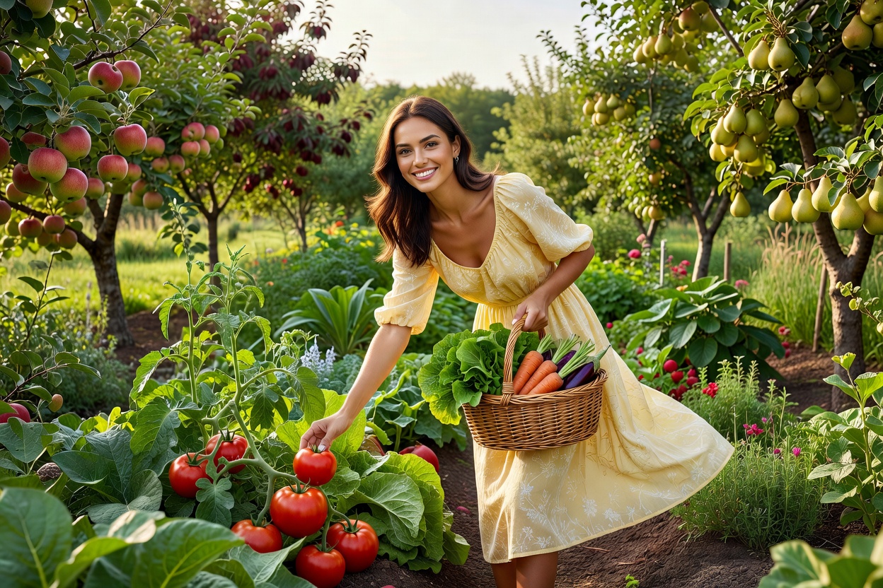 Jeune femme souriante en robe légère cueillant des légumes dans un potager entouré d'arbres fruitiers