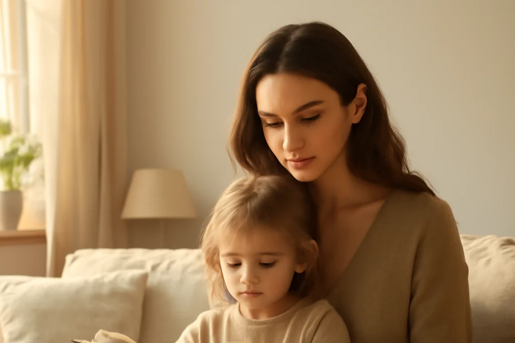 Jeune femme lisant un livre en russe avec un enfant assis sur ses genoux dans un salon lumineux