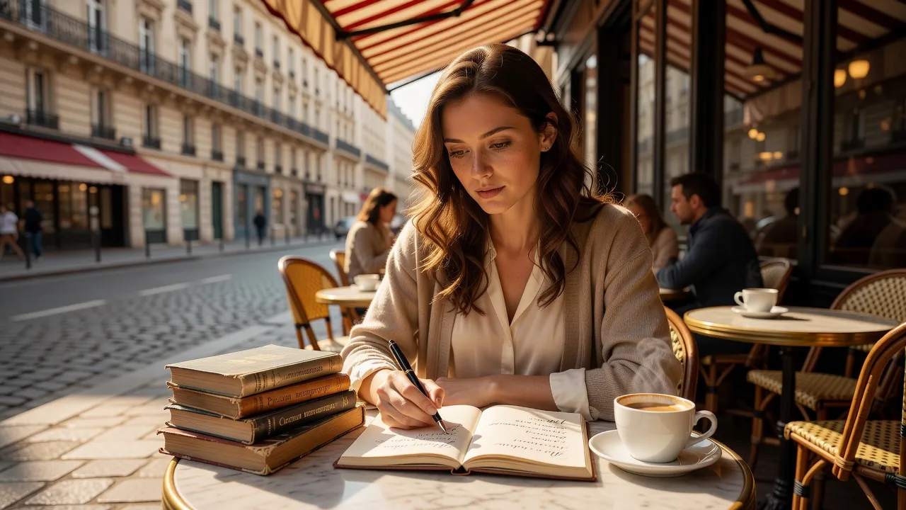 Cahier d'apprentissage du russe avec alphabet cyrillique et stylo sur une table parisienne