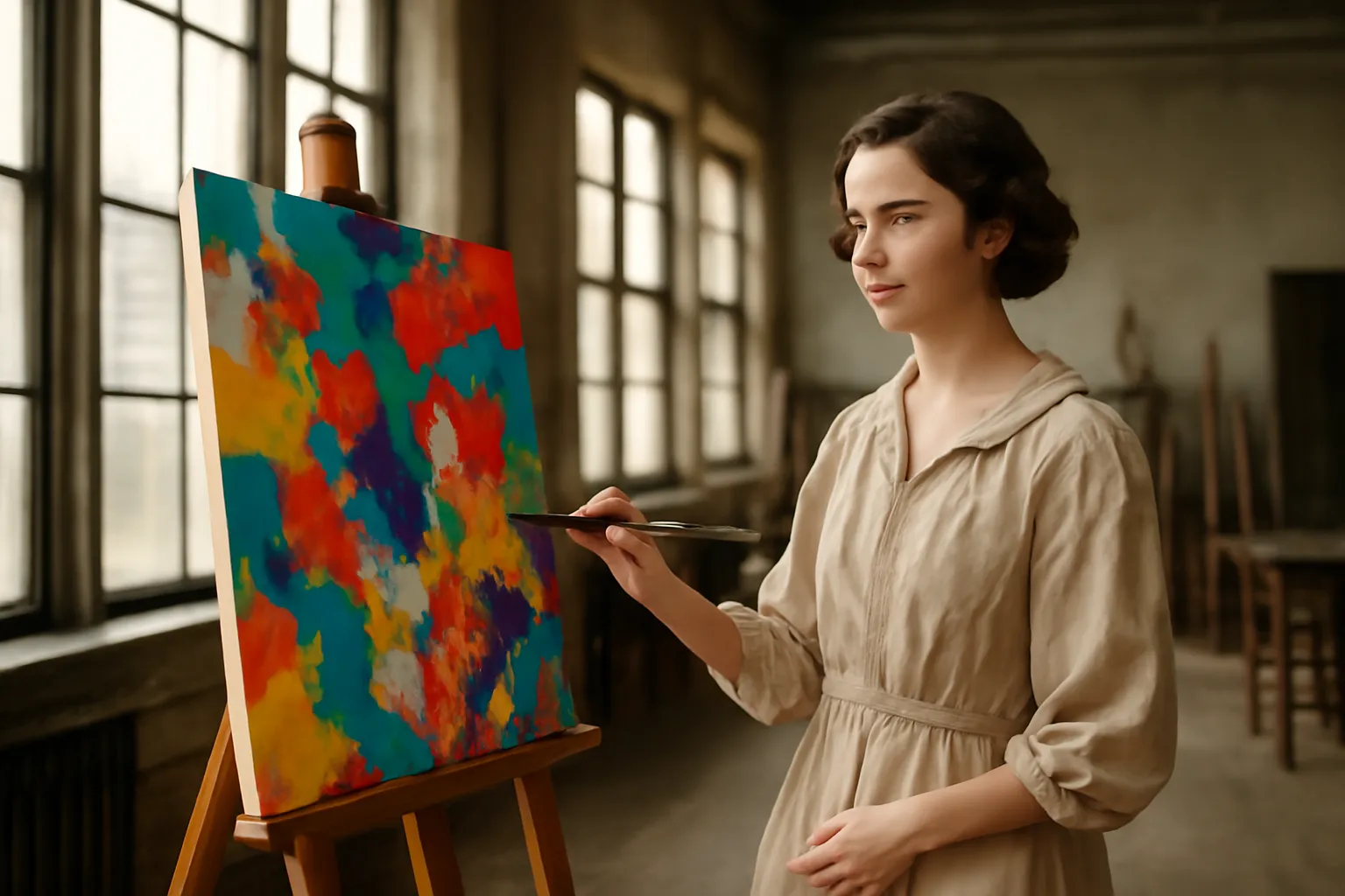 Une femme peintre en blouse de lin se tient devant un chevalet portant une toile abstraite colorée, dans un grand atelier lumineux