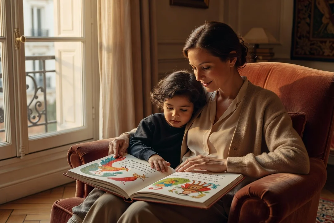 Parent lisant un album illustré de conte russe à un enfant dans un intérieur parisien