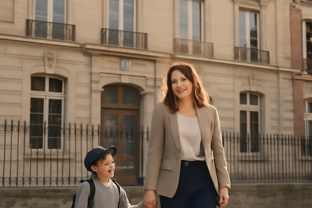 Jeune femme souriante accompagnant un enfant avec un cartable devant une école parisienne
