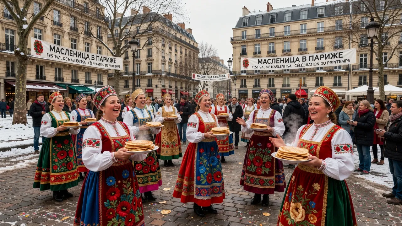 Célébration de Maslenitsa à Paris, crêpes et costumes traditionnels russes autour d'un samovar