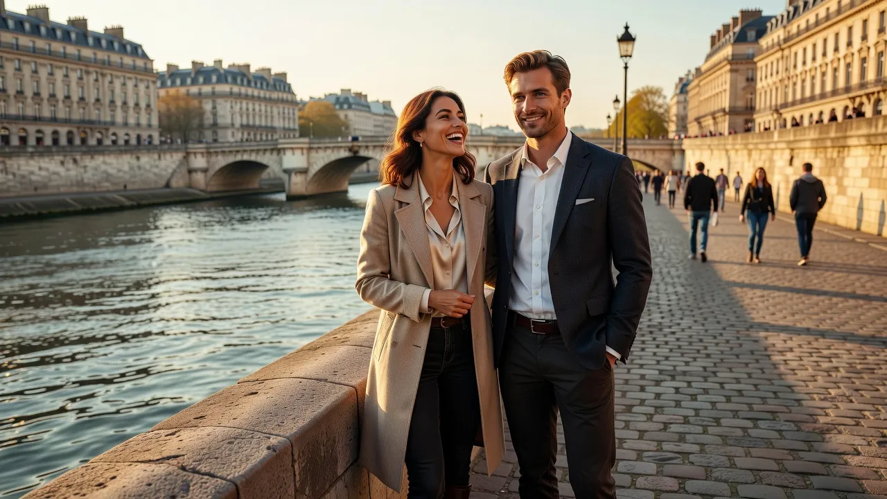 Couple franco-russe souriant sur les quais de la Seine à Paris au coucher de soleil