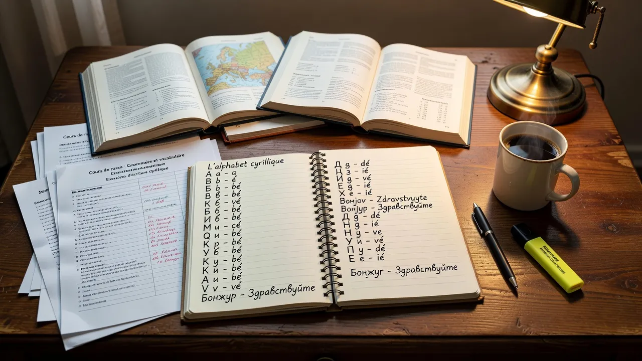 Cahier d'apprentissage du russe avec mots cyrilliques et traductions françaises sur une table