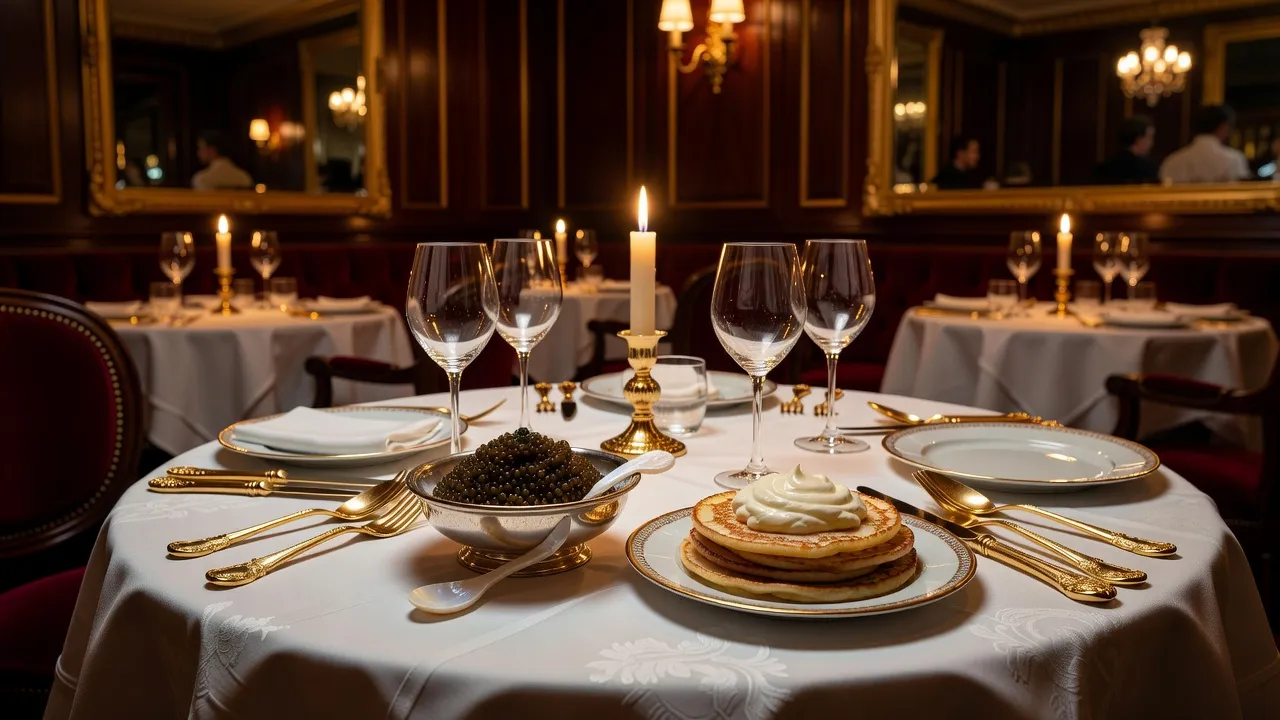 Table dressée dans un restaurant russe gastronomique à Paris, vaisselle dorée et zakouski