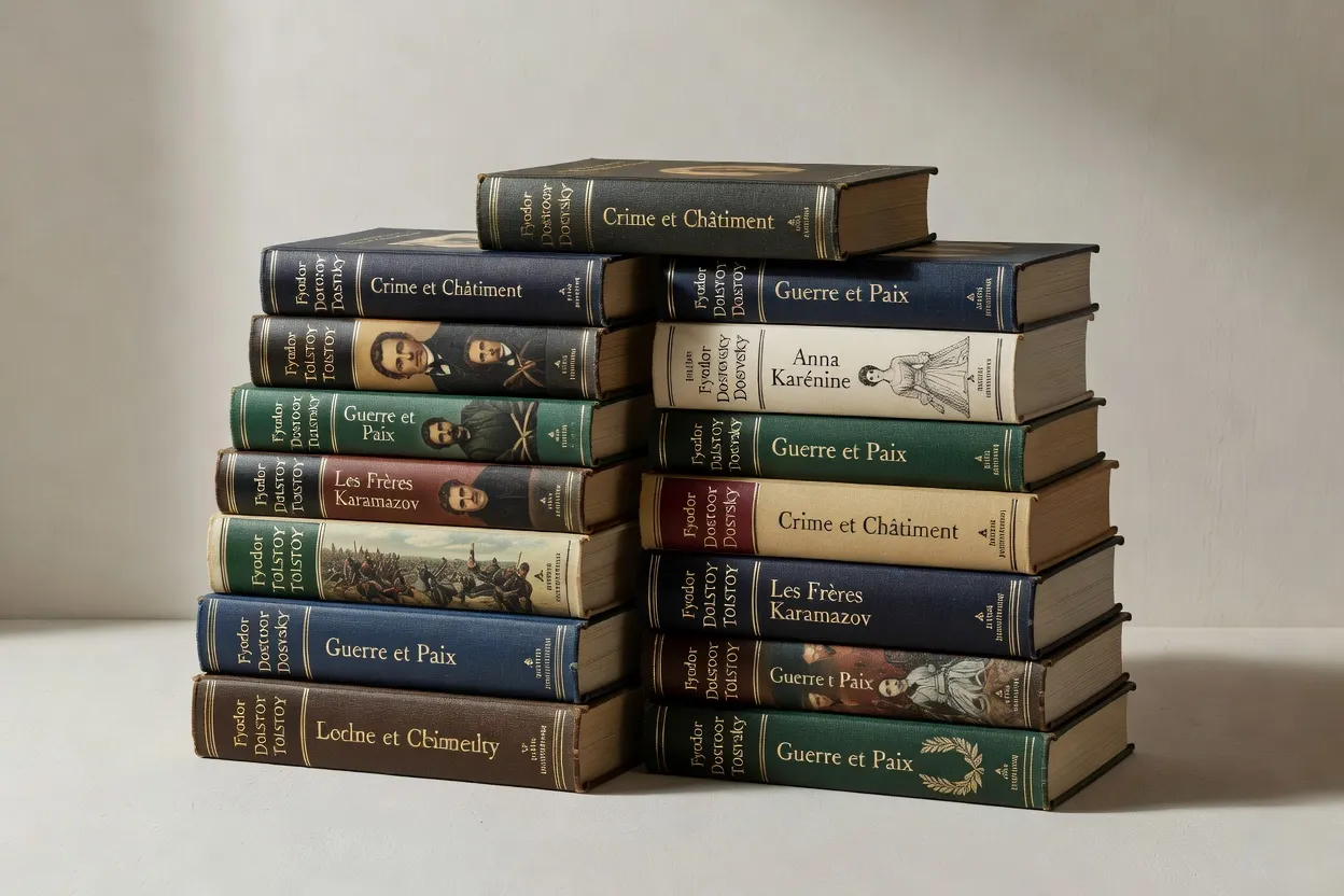 Pile de romans russes traduits en français sur une table de bibliothèque parisienne