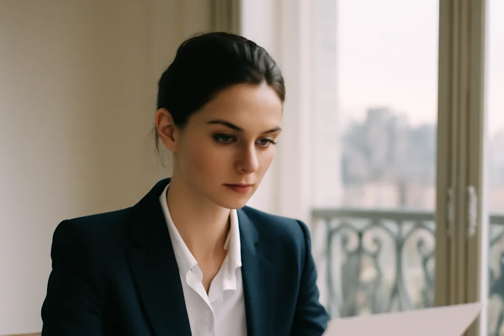 Femme en tenue professionnelle consultant des documents près d'une fenêtre haussmannienne