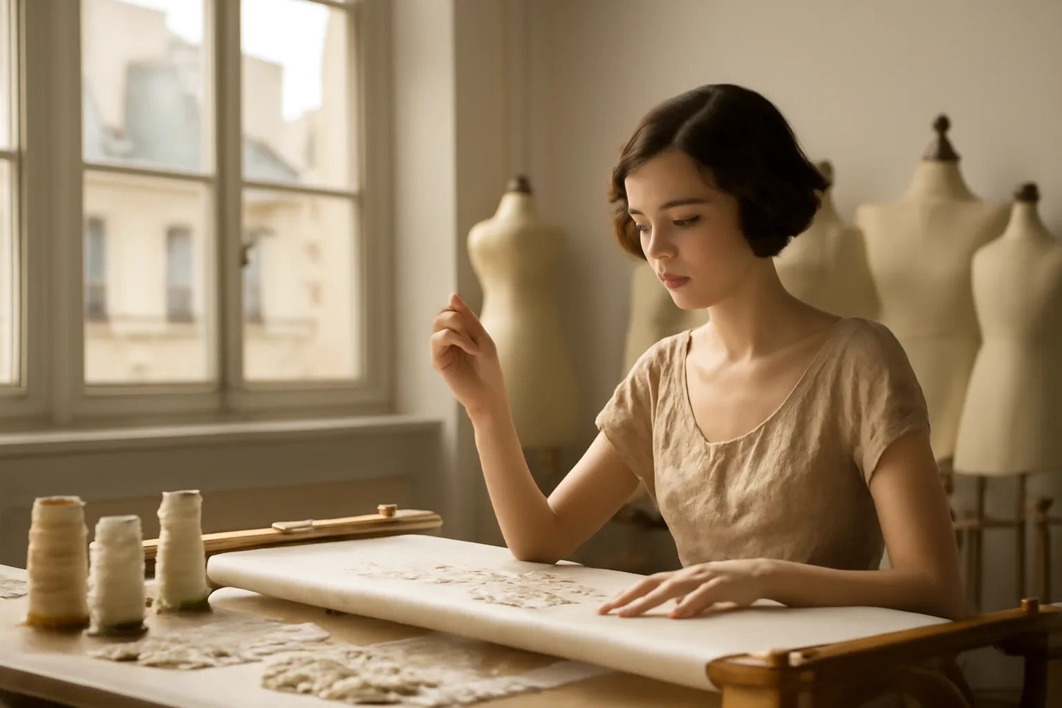 Une jeune femme en robe de style années 1920 brode sur un métier dans un atelier de couture lumineux, entre des mannequins de bois et des bobines de fil