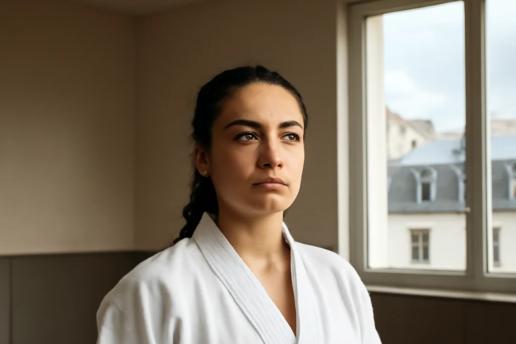 Jeune femme athlétique en tenue de sport dans un dojo parisien, lumière naturelle sur tatami