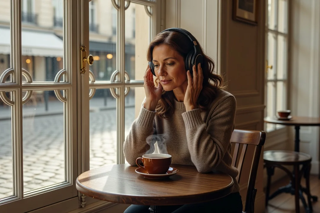 Femme écoutant un podcast russe avec des écouteurs près d'une fenêtre parisienne
