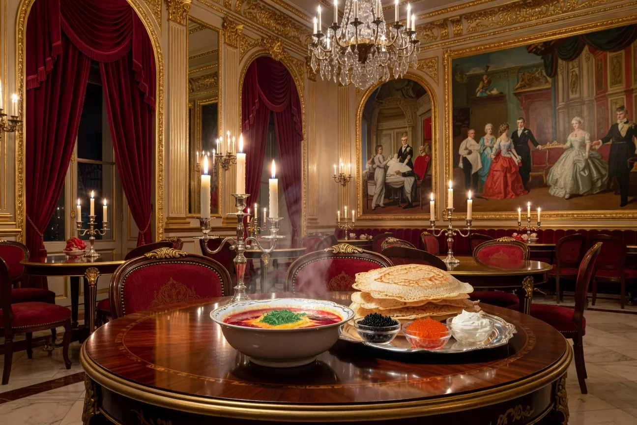 Intérieur d'un restaurant russe à Paris avec bortsch et blinis