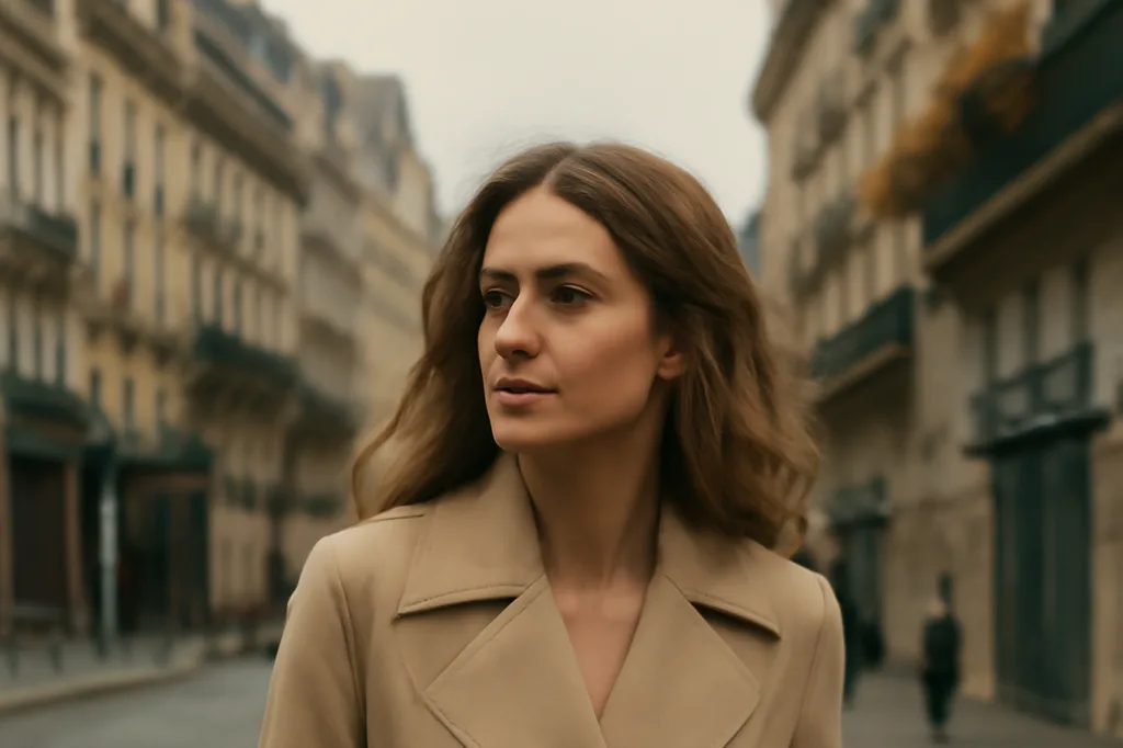 Femme en trench beige marchant dans une rue bordée d'immeubles haussmanniens