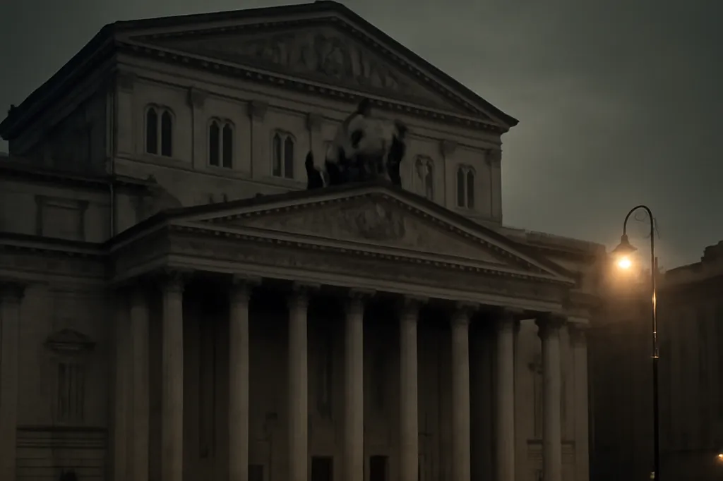 Façade d'un ancien théâtre moscovite de style néoclassique, lumière du soir, rue pavée déserte
